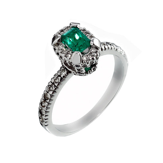 14K White Gold Womens Diamond and Emerald Ring 0.75 Ctw