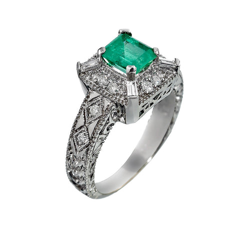 14K White Gold Womens Diamond and Emerald Cocktail Ring