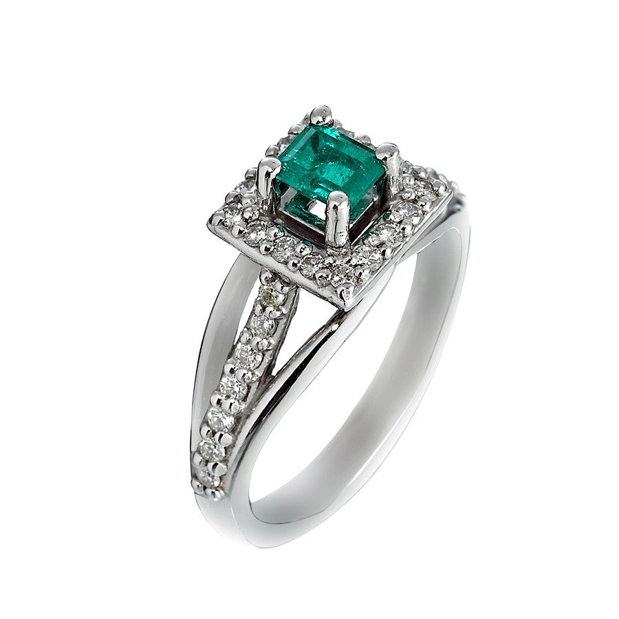 14K White Gold Womens Diamond and Emerald Ring 0.75 Ctw